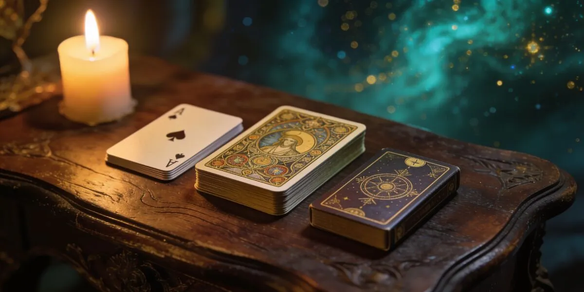 Drei verschiedene Kartendecks nebeneinander auf dunklem Holz