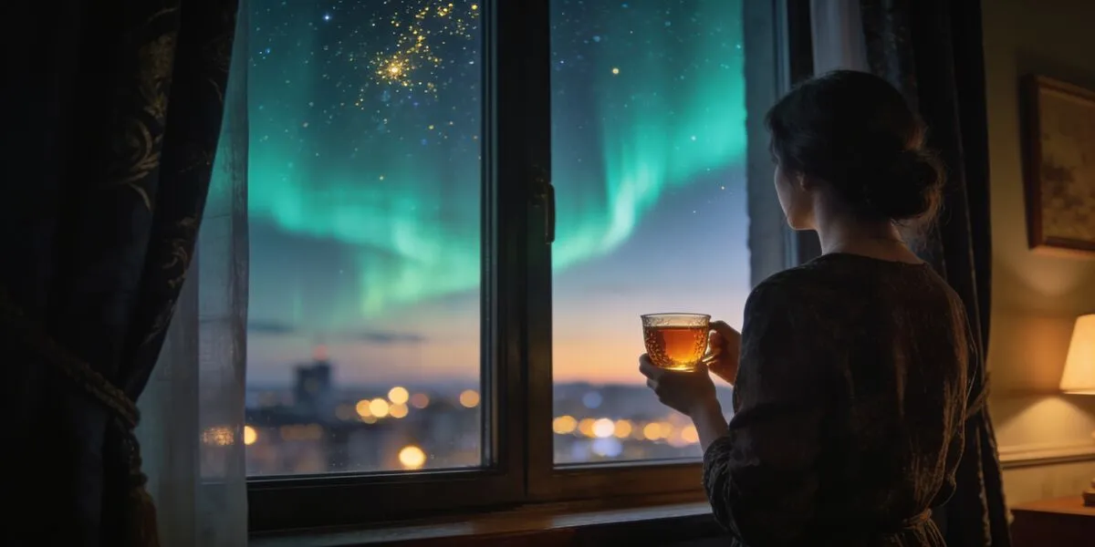 Frau mit Teetasse am Abendfenster