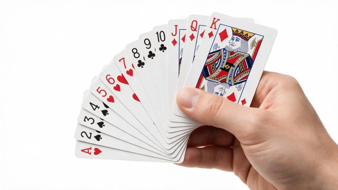 Ein ganz normales, handelsübliches Kartenspiel, aufgefächert in einer Hand